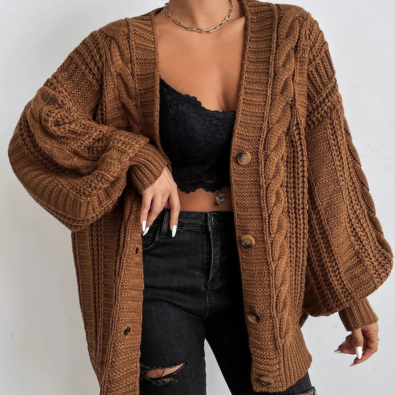 Women’s Oversized Cable Knit Cardigan - Button Front Sweater