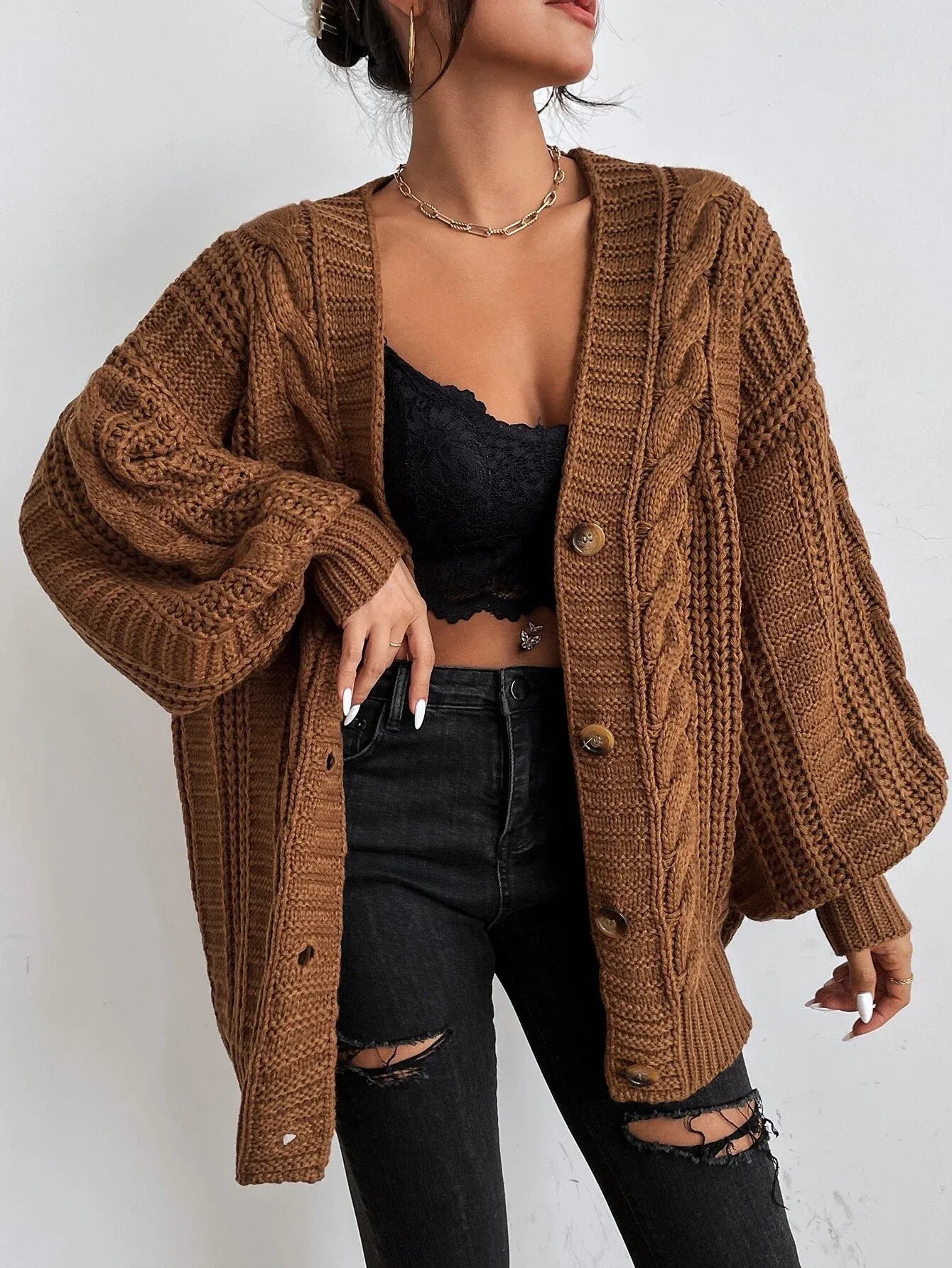 Women’s Oversized Cable Knit Cardigan - Button Front Sweater
