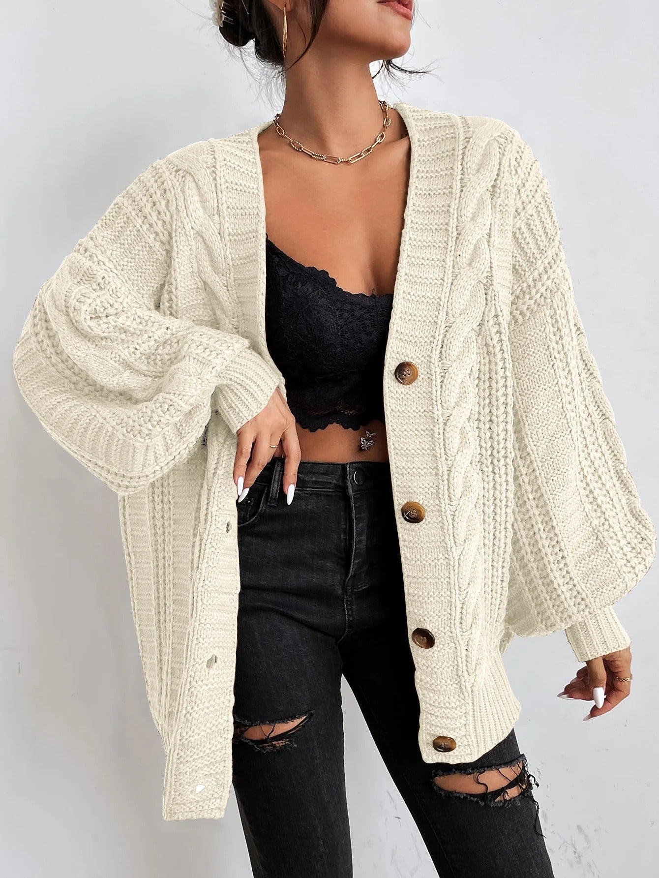 Women’s Oversized Cable Knit Cardigan - Button Front Sweater