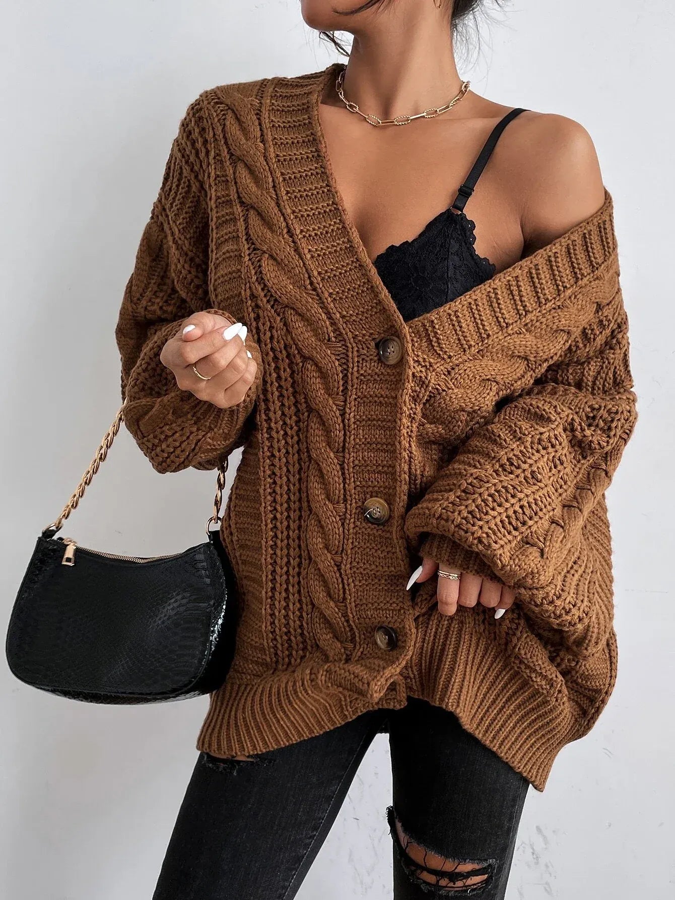 Women’s Oversized Cable Knit Cardigan - Button Front Sweater