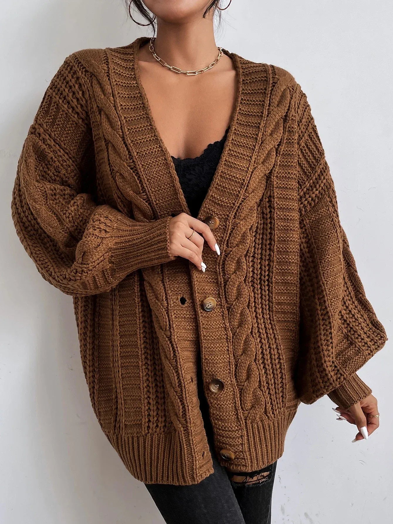 Women’s Oversized Cable Knit Cardigan - Button Front Sweater