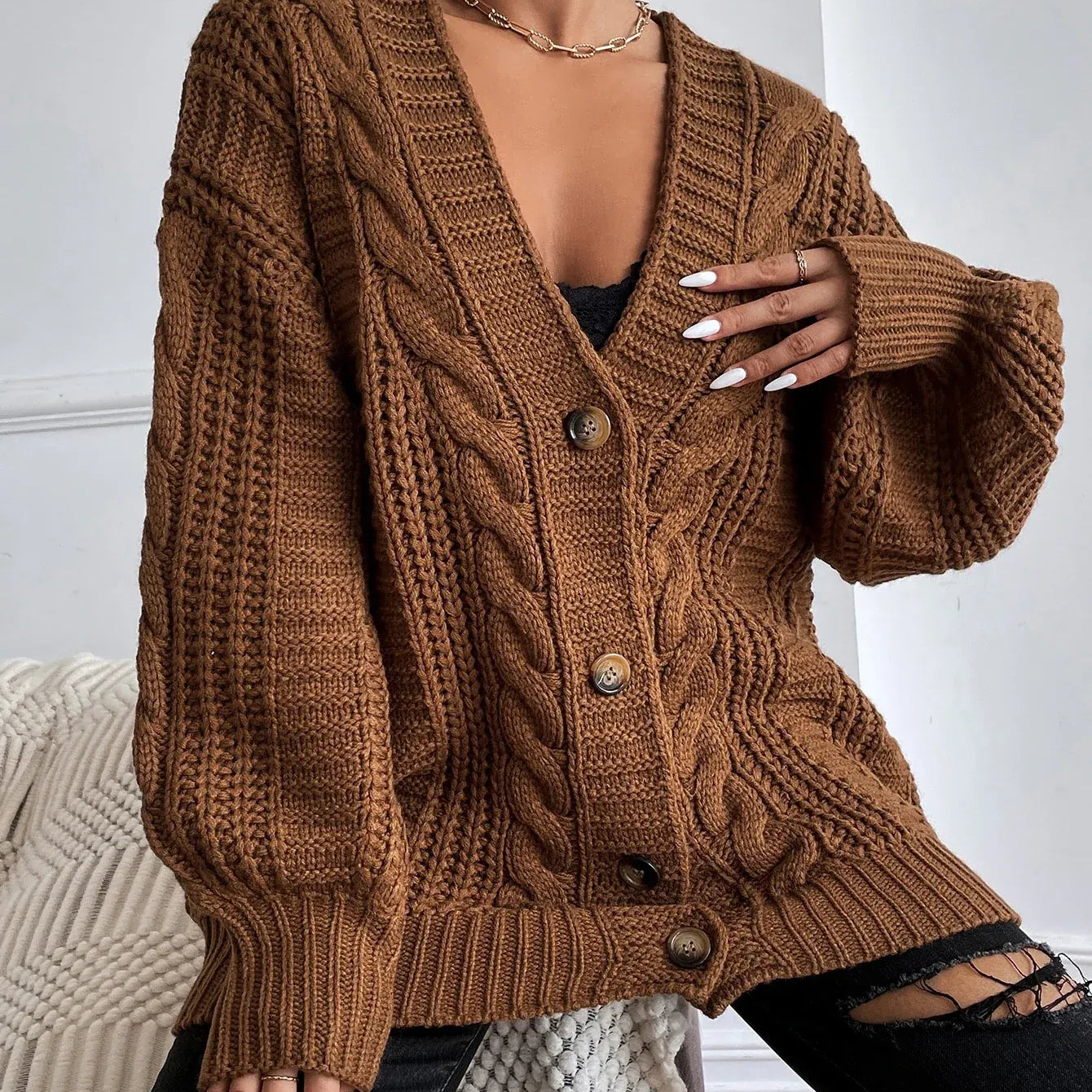 Women’s Oversized Cable Knit Cardigan - Button Front Sweater