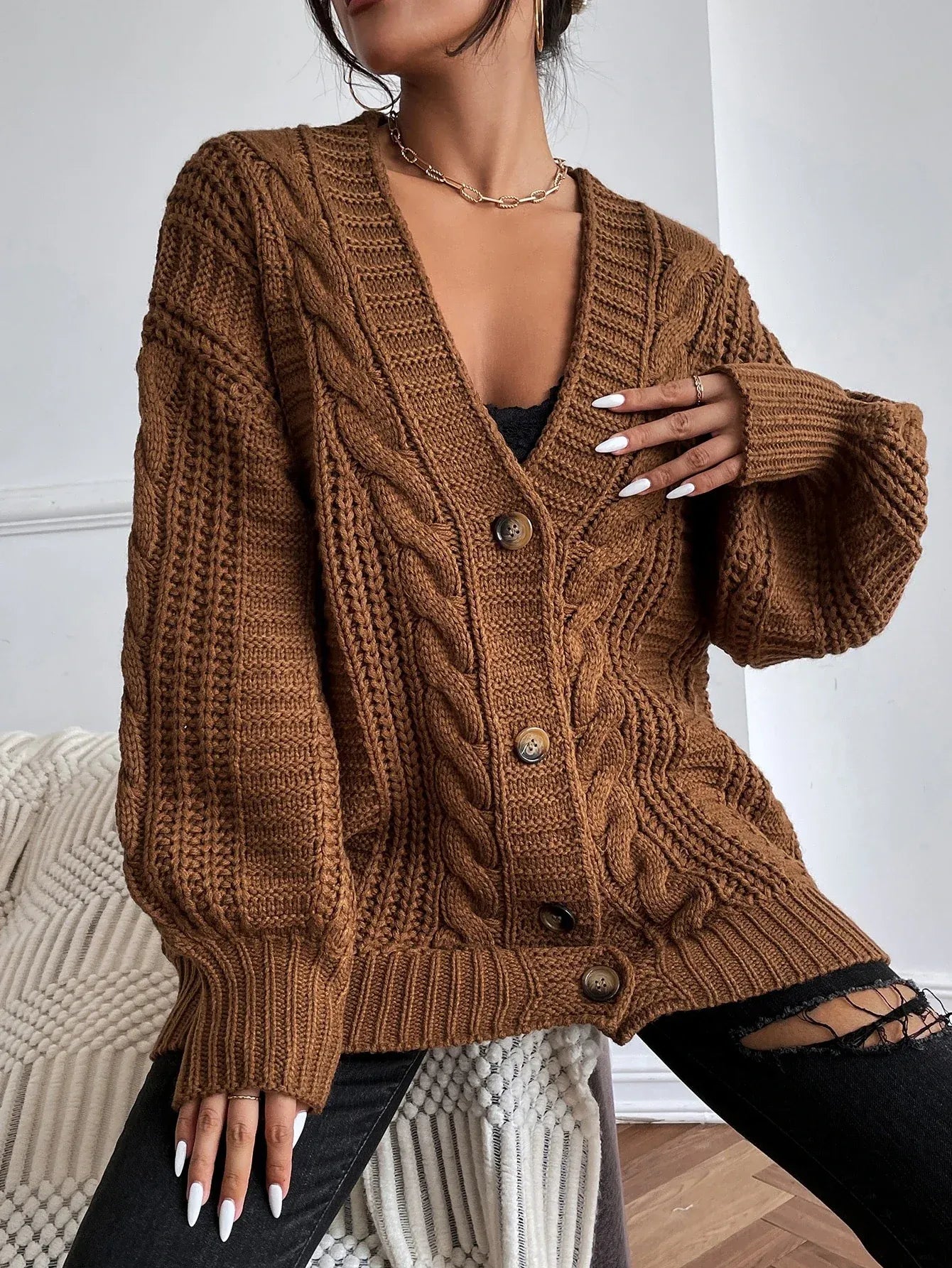 Women’s Oversized Cable Knit Cardigan - Button Front Sweater