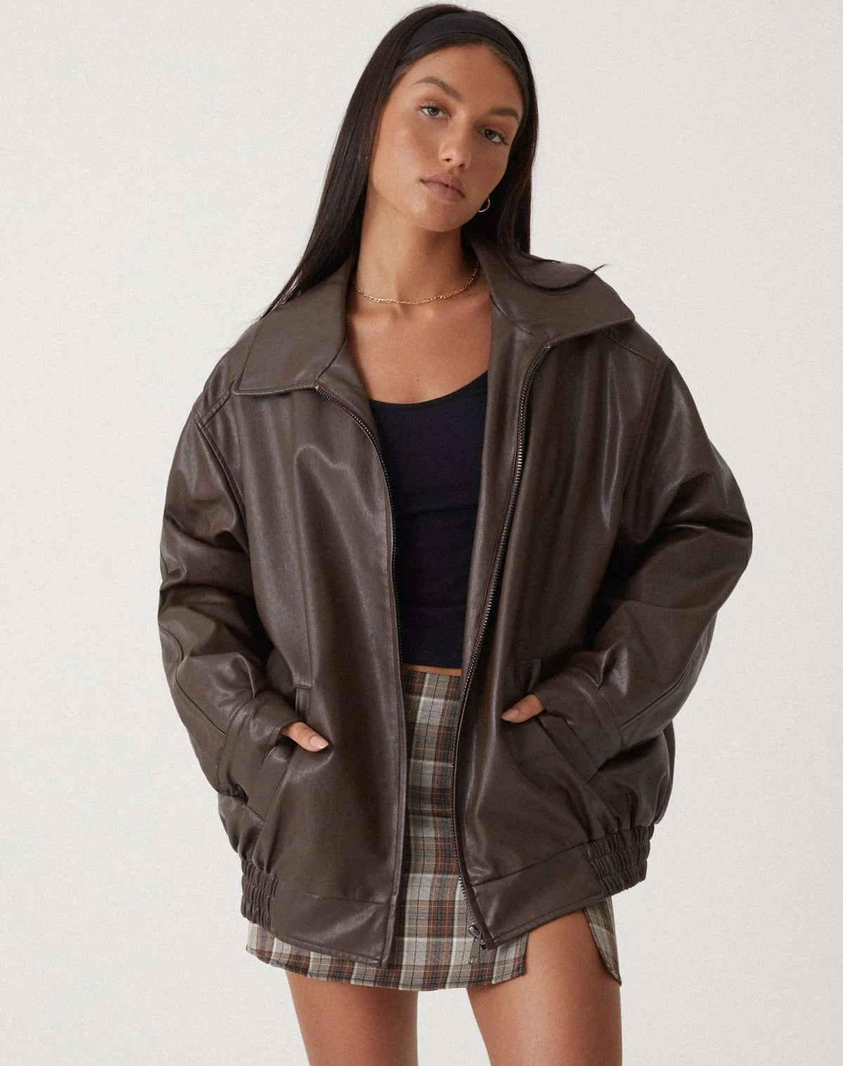 Women's PU Leather Bomber Jacket - Oversized Street Style Zip-Up