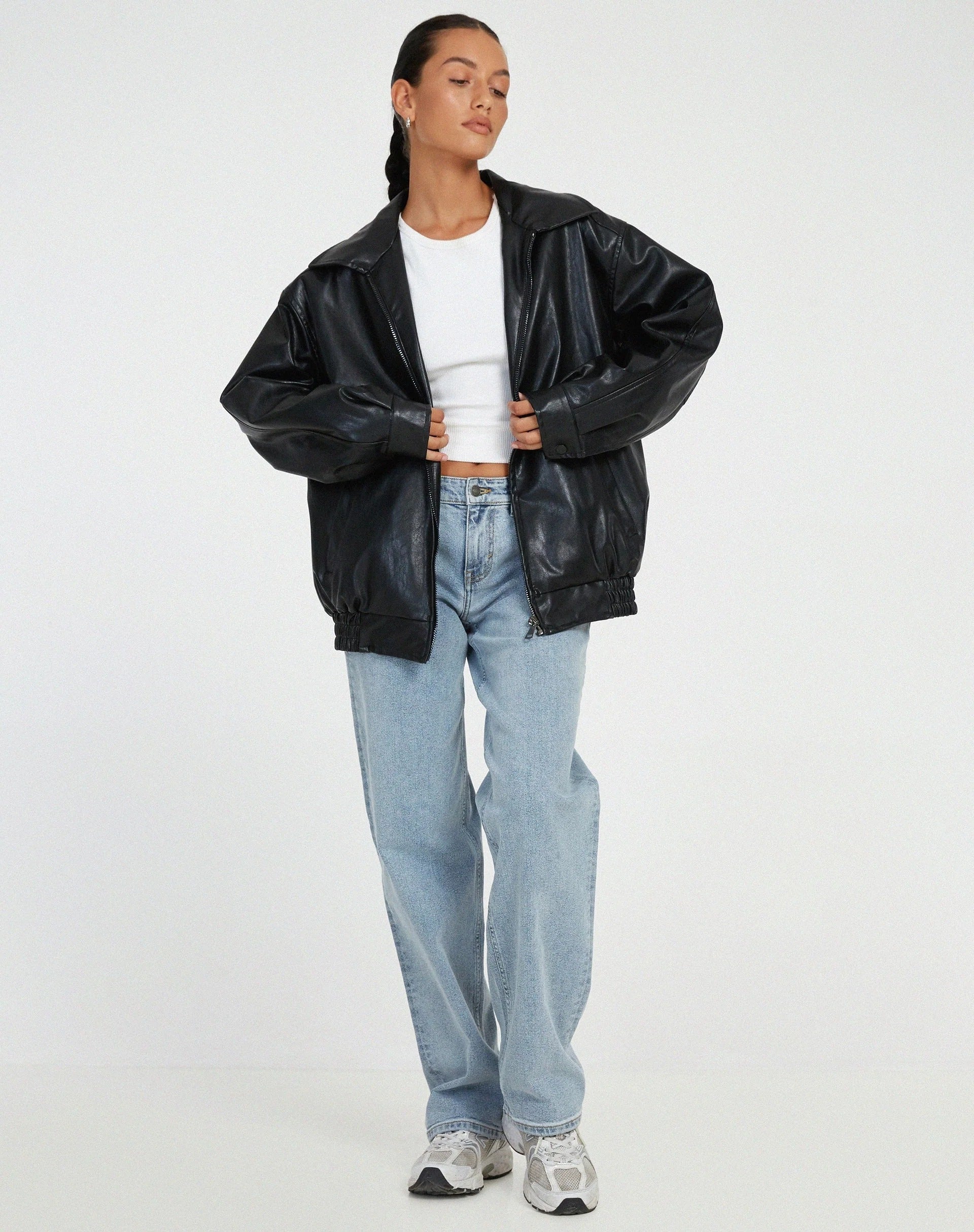 Women's PU Leather Bomber Jacket - Oversized Street Style Zip-Up