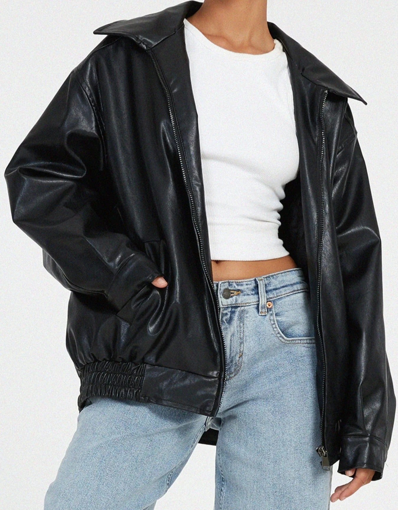 Women's PU Leather Bomber Jacket - Oversized Street Style Zip-Up
