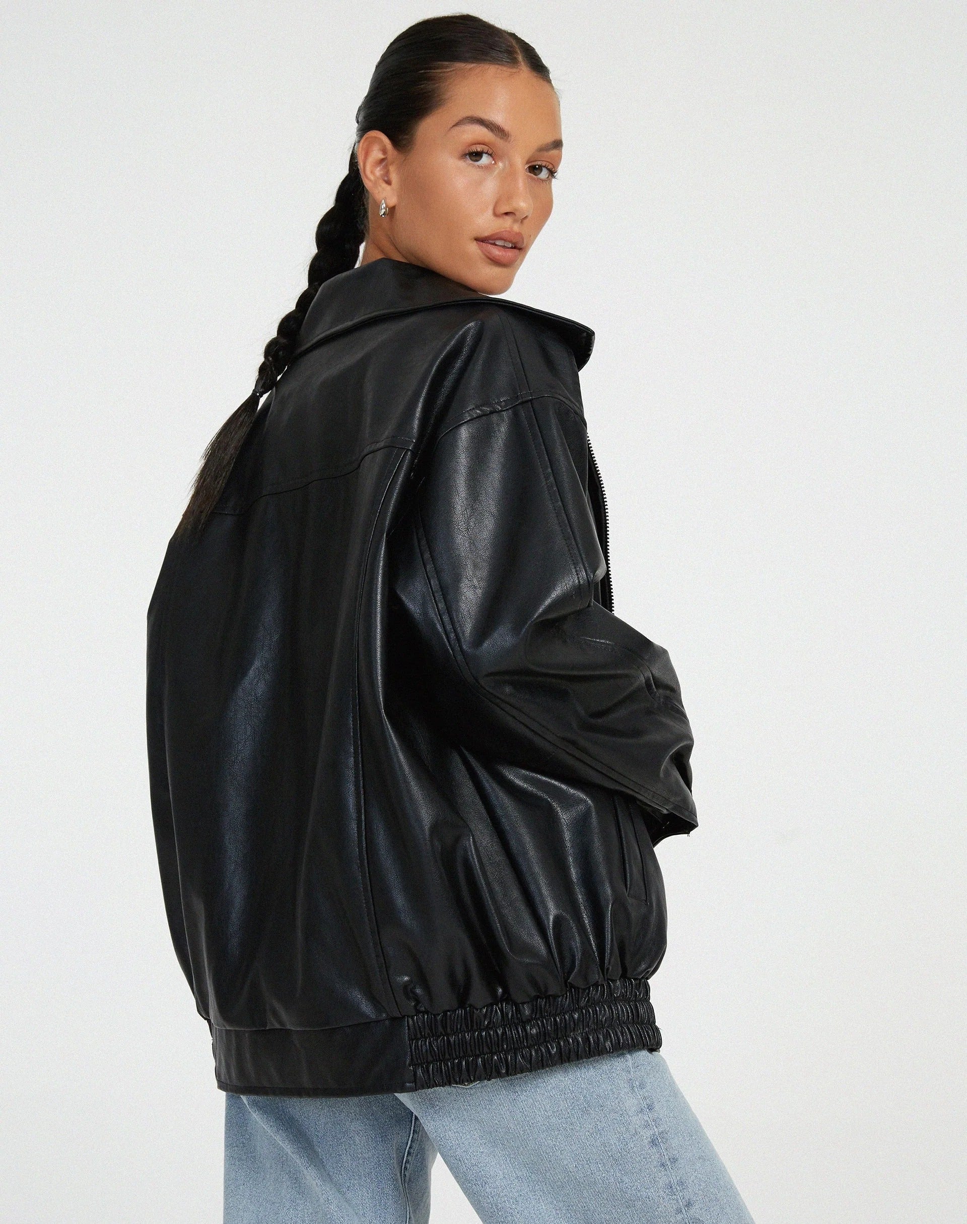 Women's PU Leather Bomber Jacket - Oversized Street Style Zip-Up