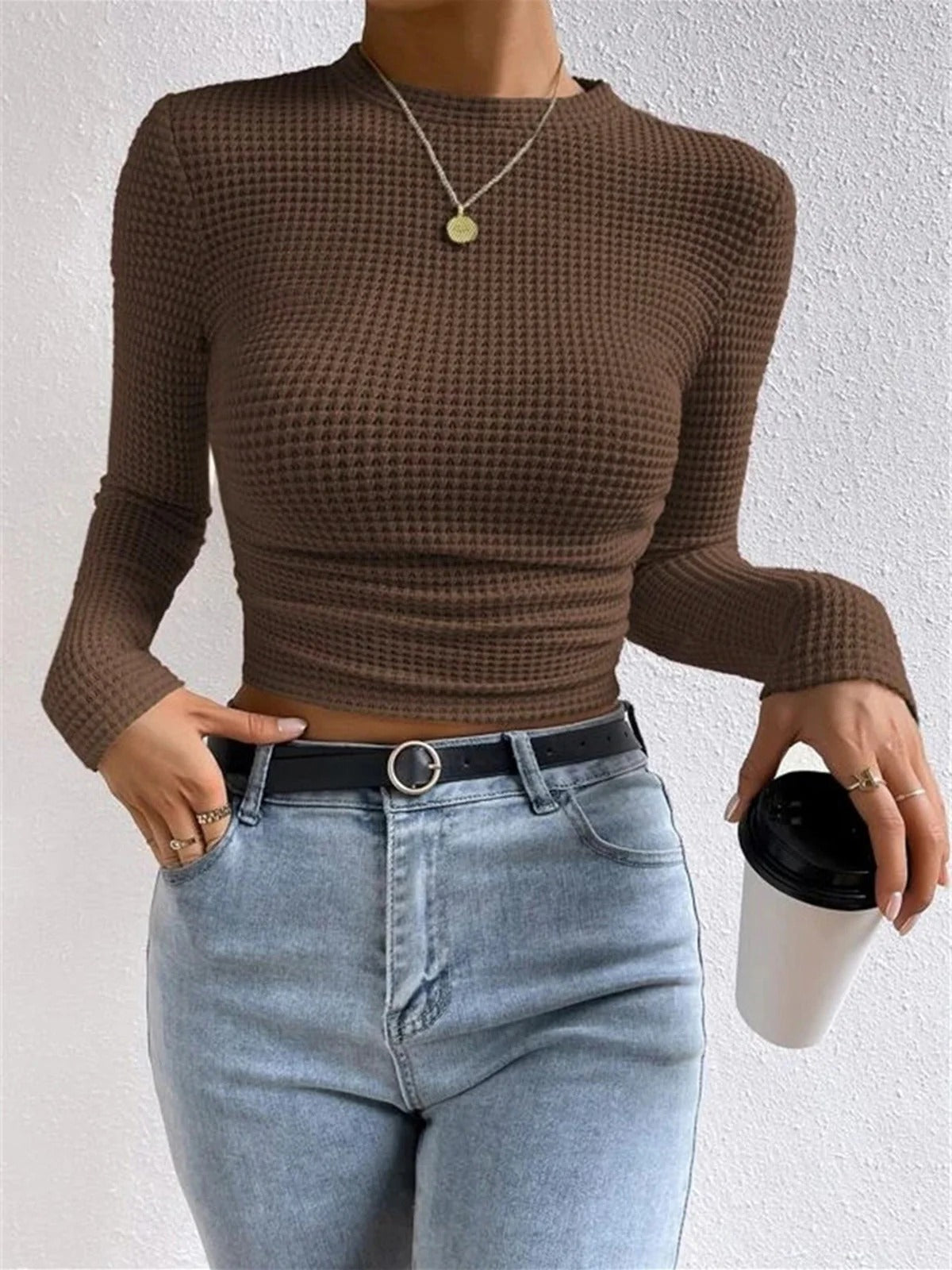 Women’s Textured Long Sleeve Fitted Top - Waffle Knit Stretch Pullover