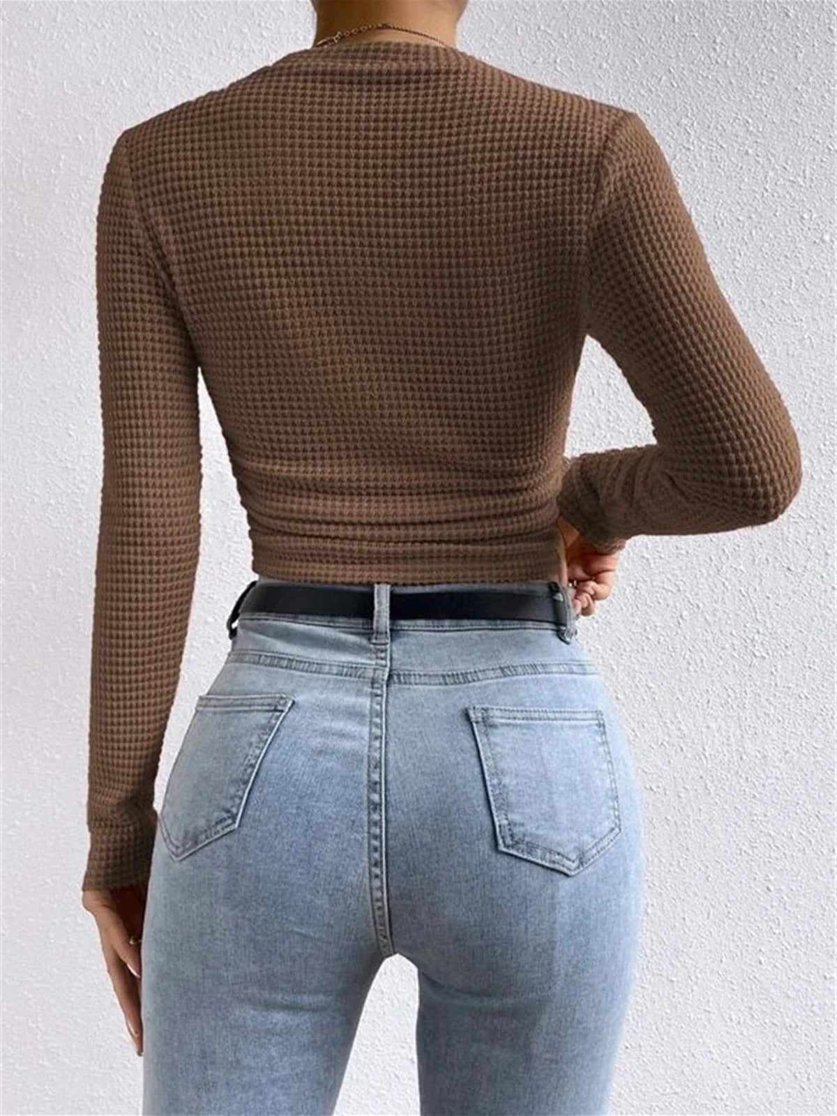 Women’s Textured Long Sleeve Fitted Top - Waffle Knit Stretch Pullover
