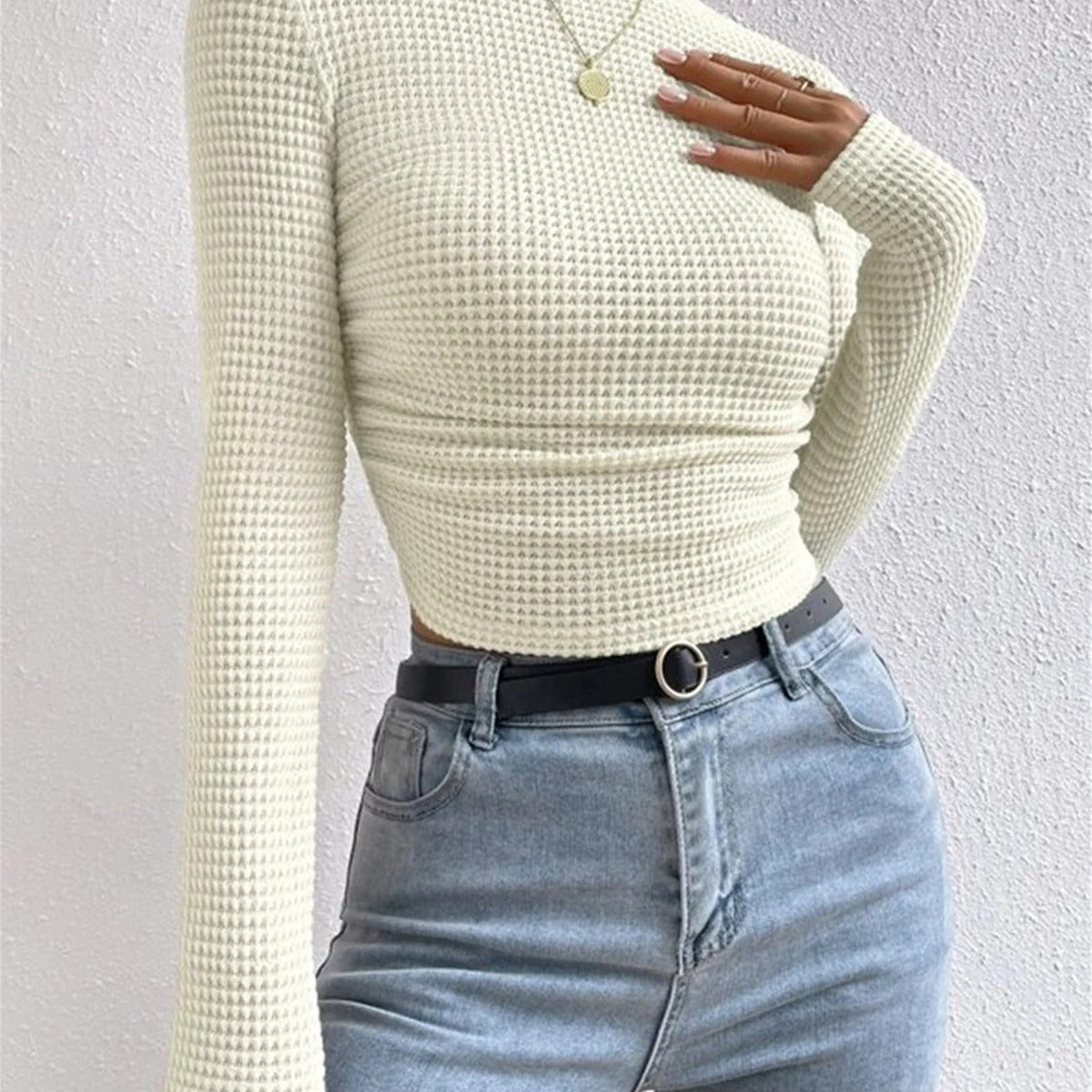 Women’s Textured Long Sleeve Fitted Top - Waffle Knit Stretch Pullover
