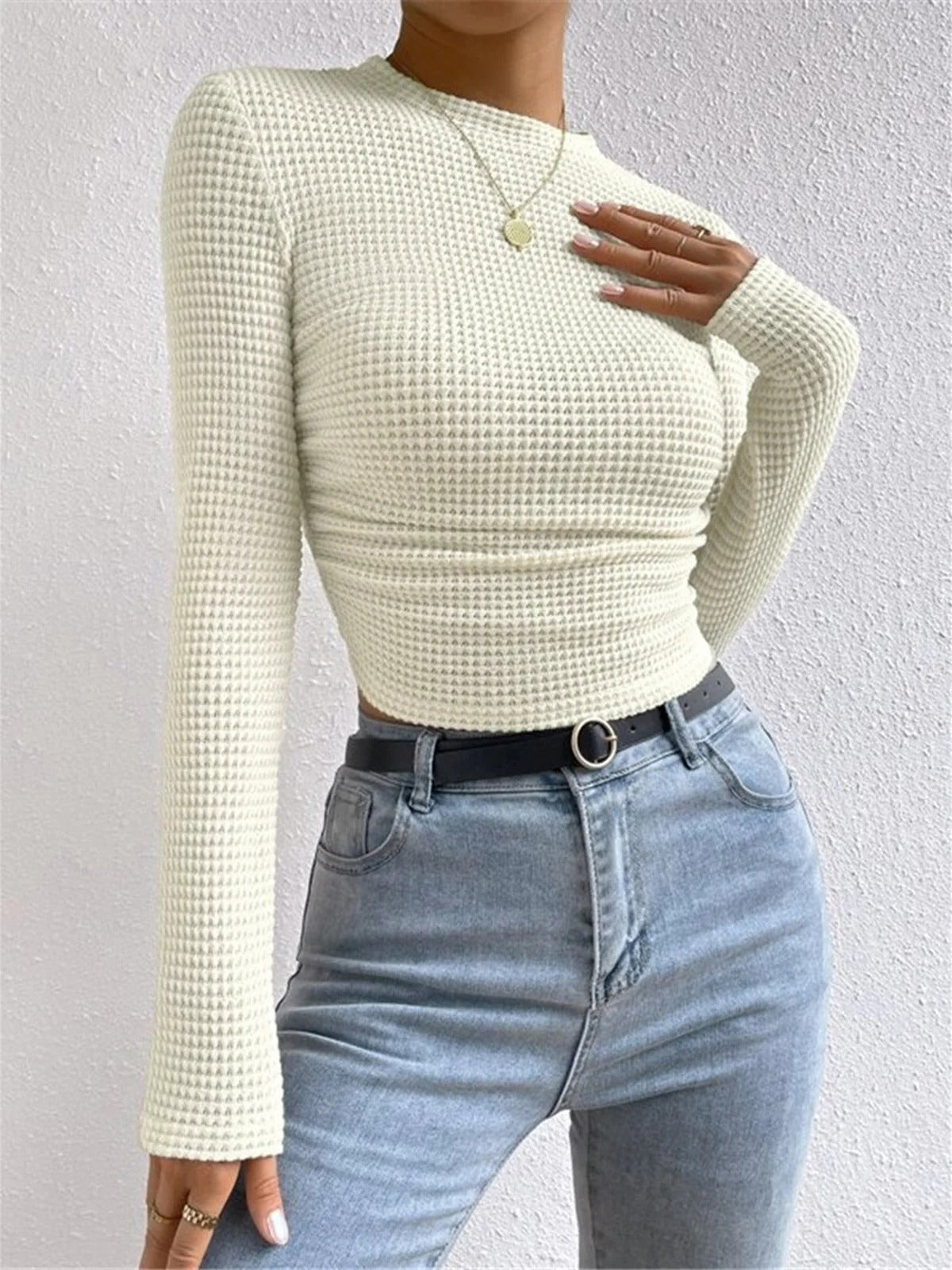 Women’s Textured Long Sleeve Fitted Top - Waffle Knit Stretch Pullover