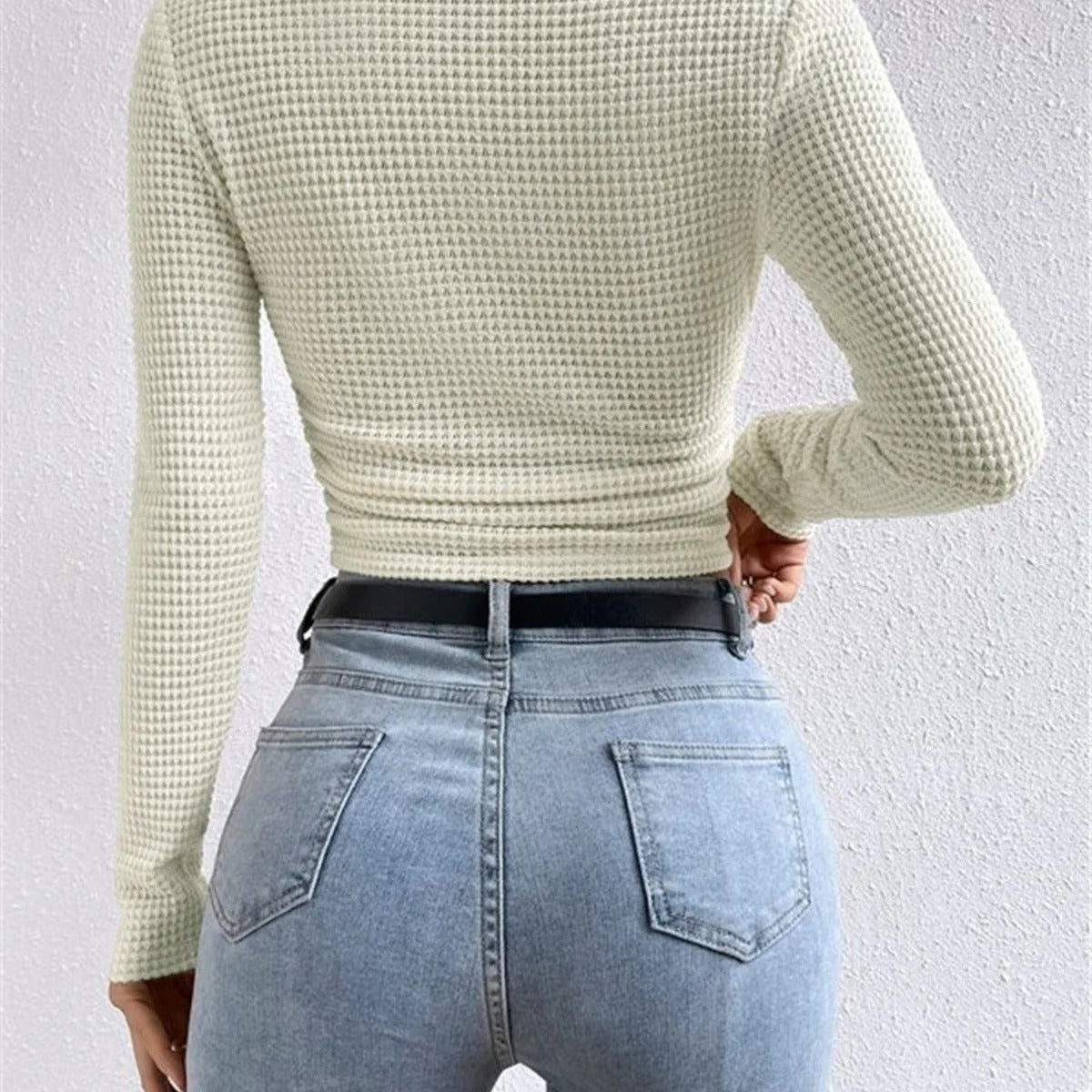Women’s Textured Long Sleeve Fitted Top - Waffle Knit Stretch Pullover