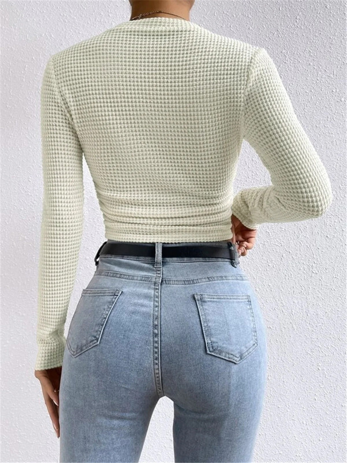 Women’s Textured Long Sleeve Fitted Top - Waffle Knit Stretch Pullover