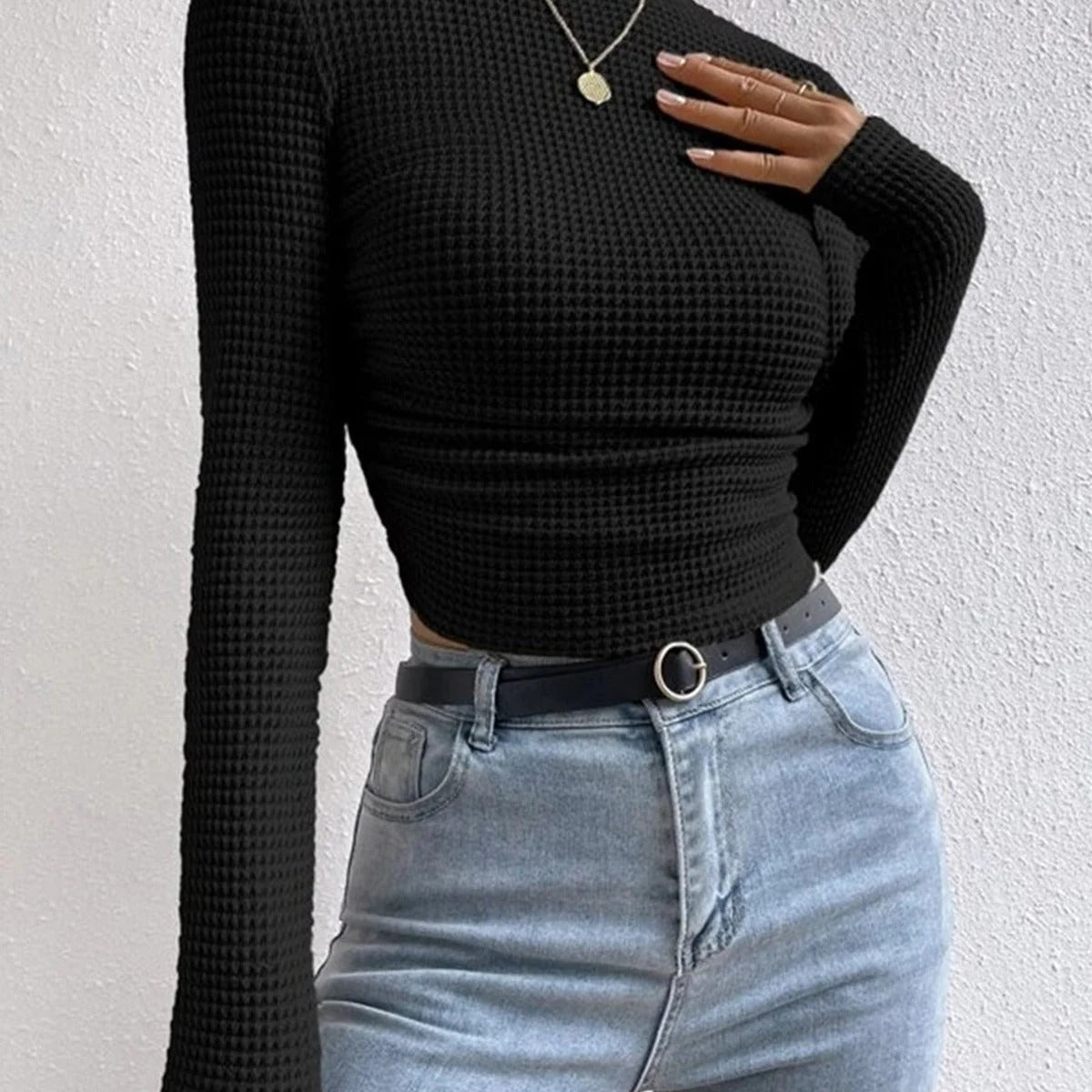 Women’s Textured Long Sleeve Fitted Top - Waffle Knit Stretch Pullover