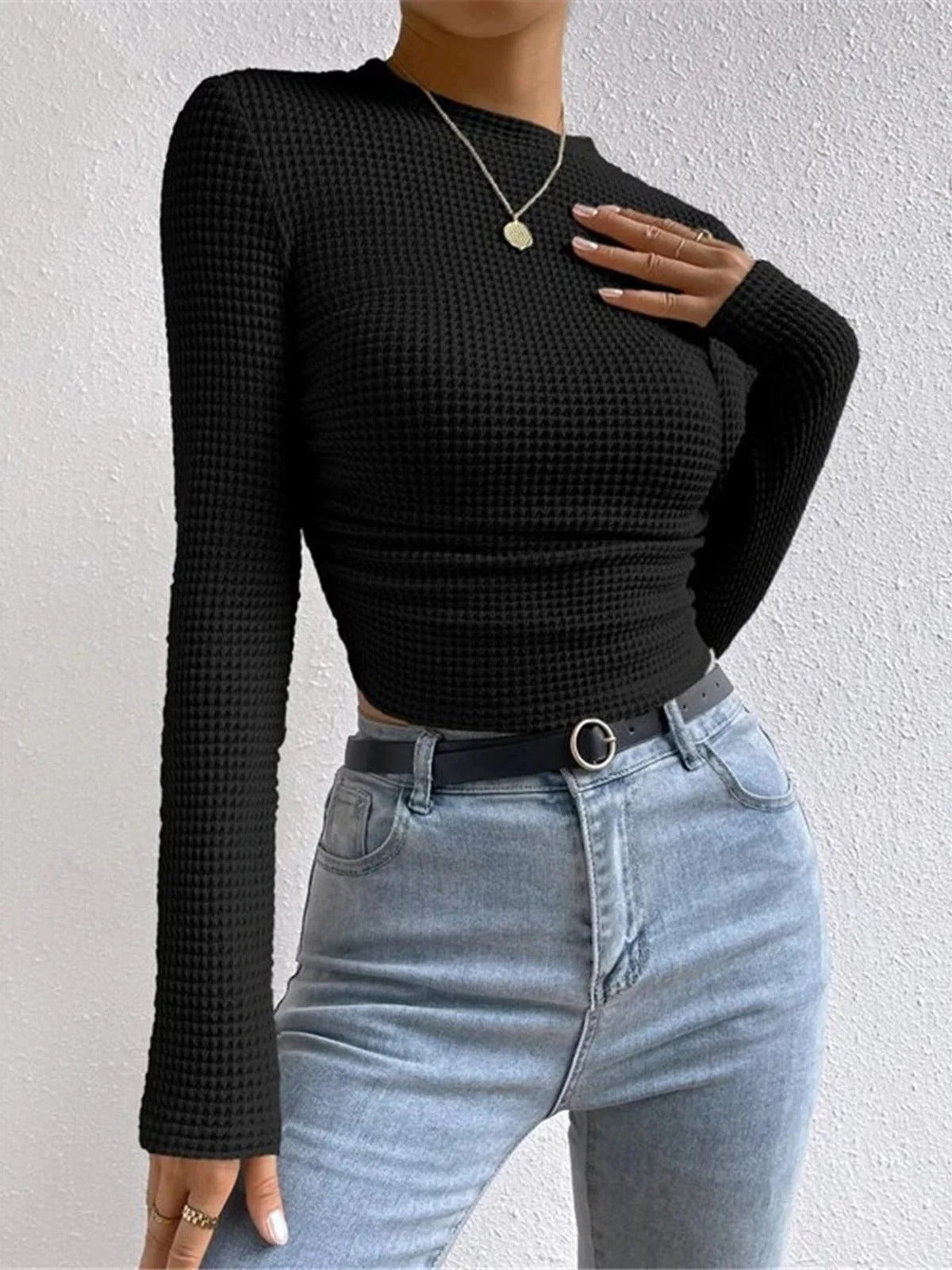 Women’s Textured Long Sleeve Fitted Top - Waffle Knit Stretch Pullover