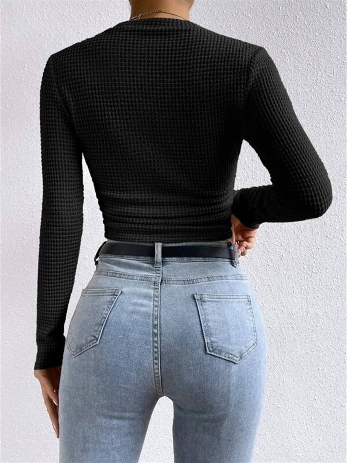 Women’s Textured Long Sleeve Fitted Top - Waffle Knit Stretch Pullover