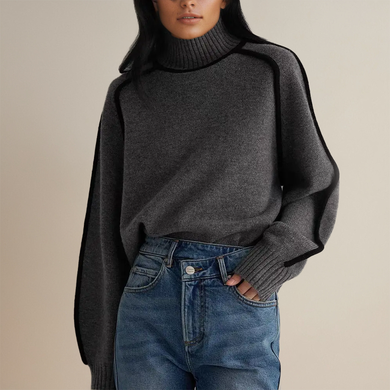 Women’s Turtleneck Knit Sweater - Contrast Trim Batwing Sleeve Pullover