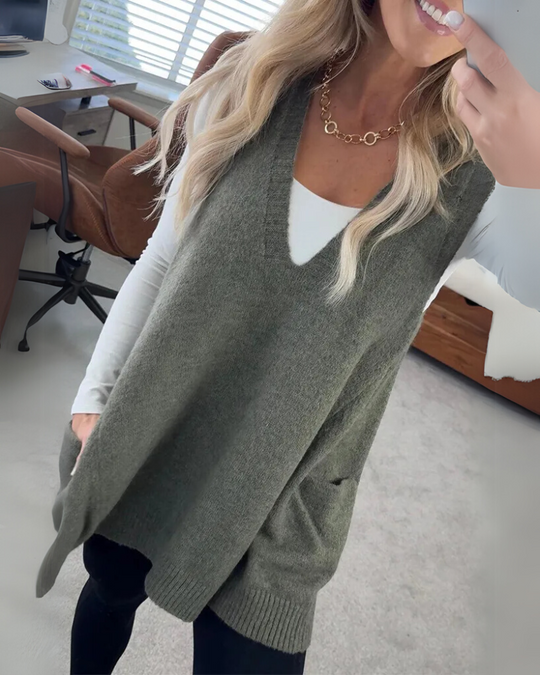 Women’s Sweater Vest – V-Neck Tunic with Pockets