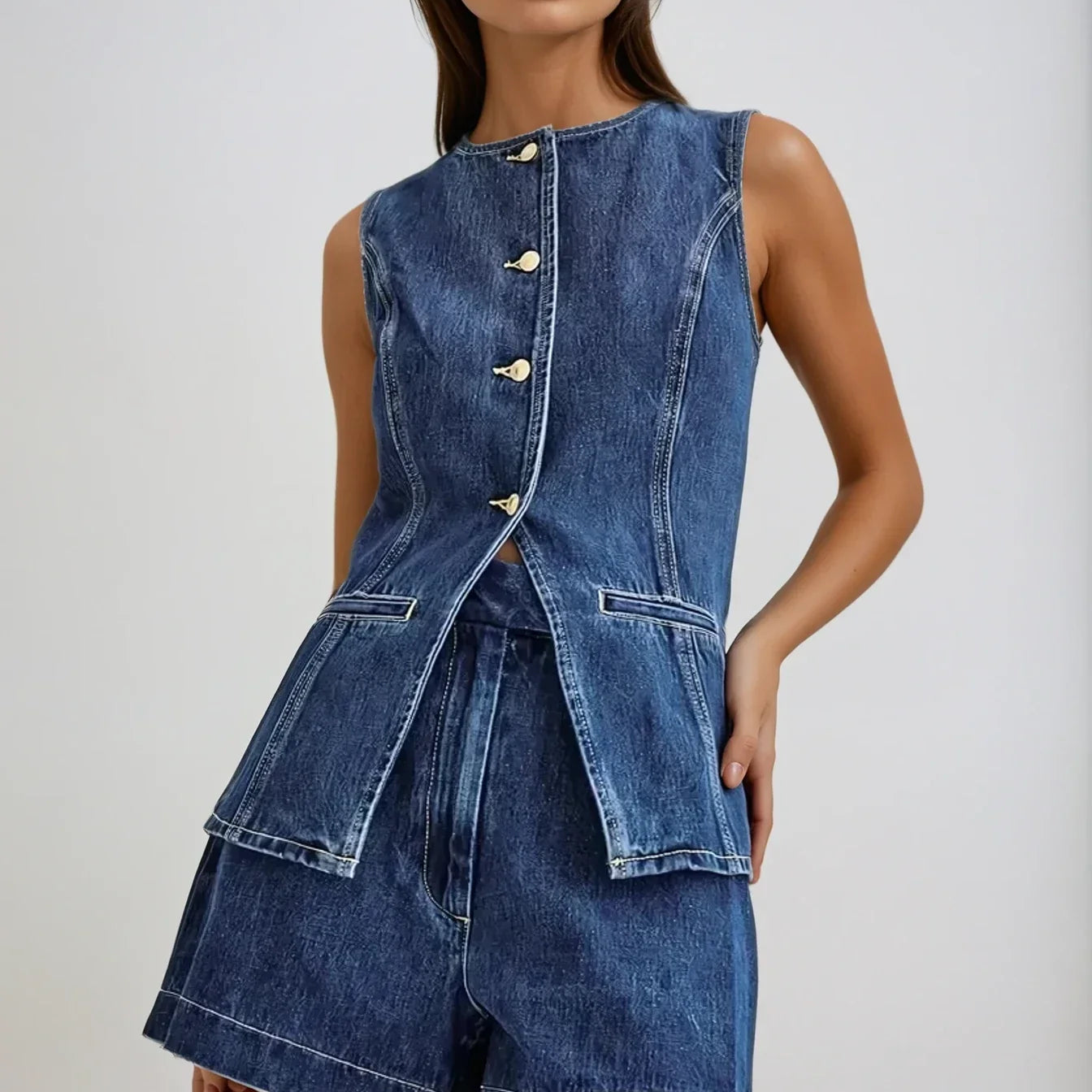 Jane - Denim Gilet & Shorts Set