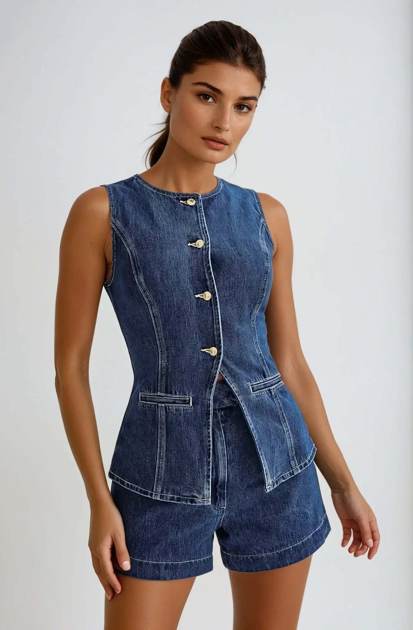 Jane - Denim Gilet & Shorts Set