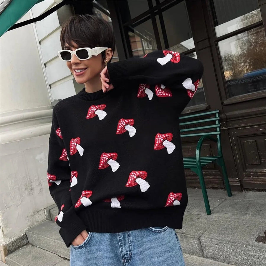 Women’s Oversized Knit Sweater - Mushroom Graphic Pullover