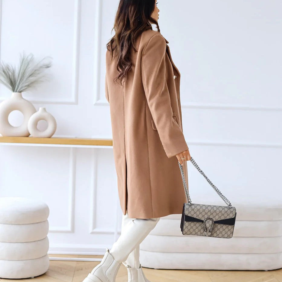 Women’s Double-Breasted Long Coat - Elegant Wool Blend Outerwear