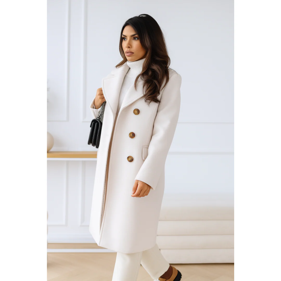 Women’s Double-Breasted Long Coat - Elegant Wool Blend Outerwear