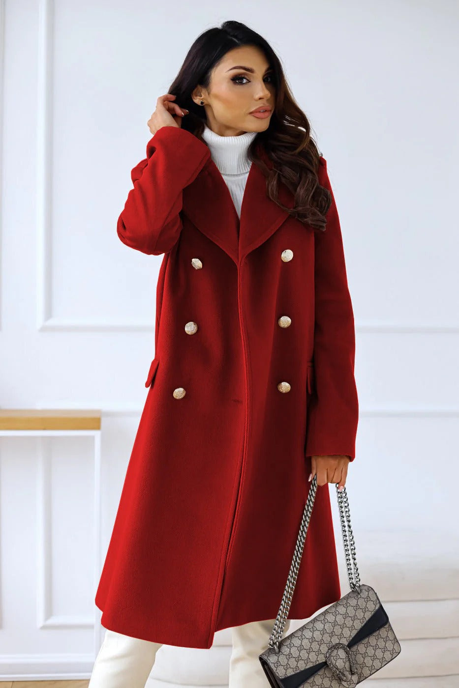Women’s Double-Breasted Long Coat - Elegant Wool Blend Outerwear