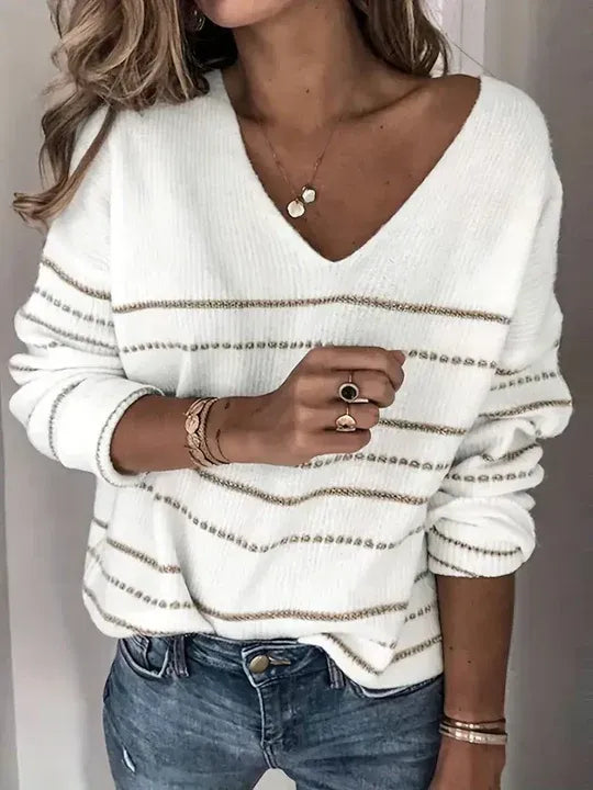 Women’s Relaxed Fit Striped V-Neck Sweater - Casual Pullover