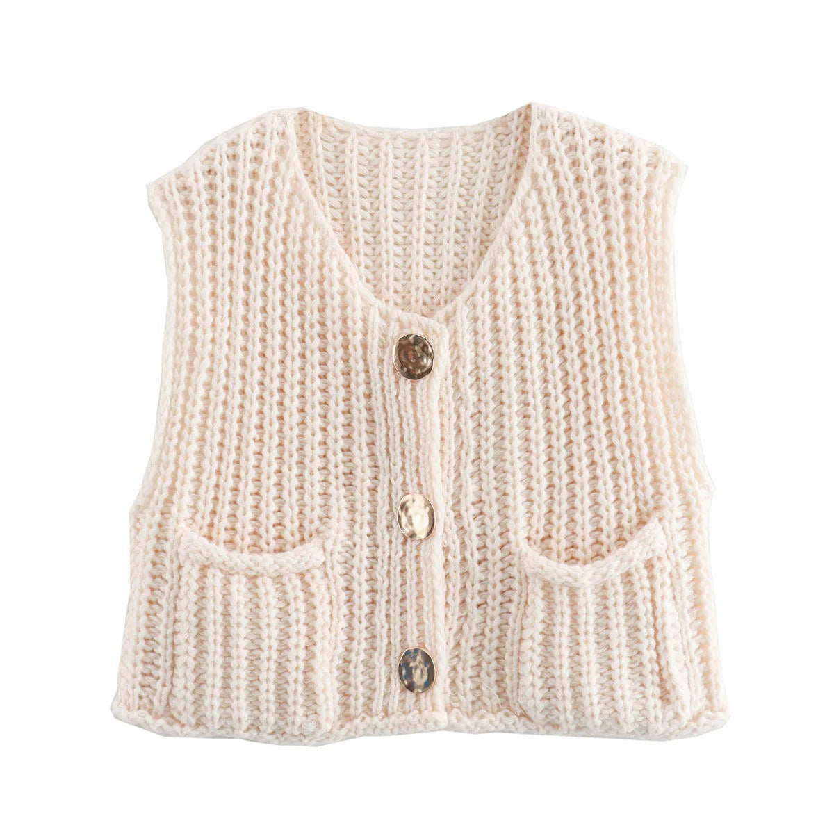 Women’s Knitted Button-Front Vest with Pockets - Casual Sleeveless Sweater Top
