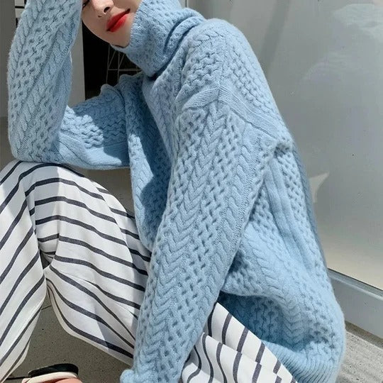 Women’s Blue Cable Knit Turtleneck Sweater - Chunky Winter Pullover
