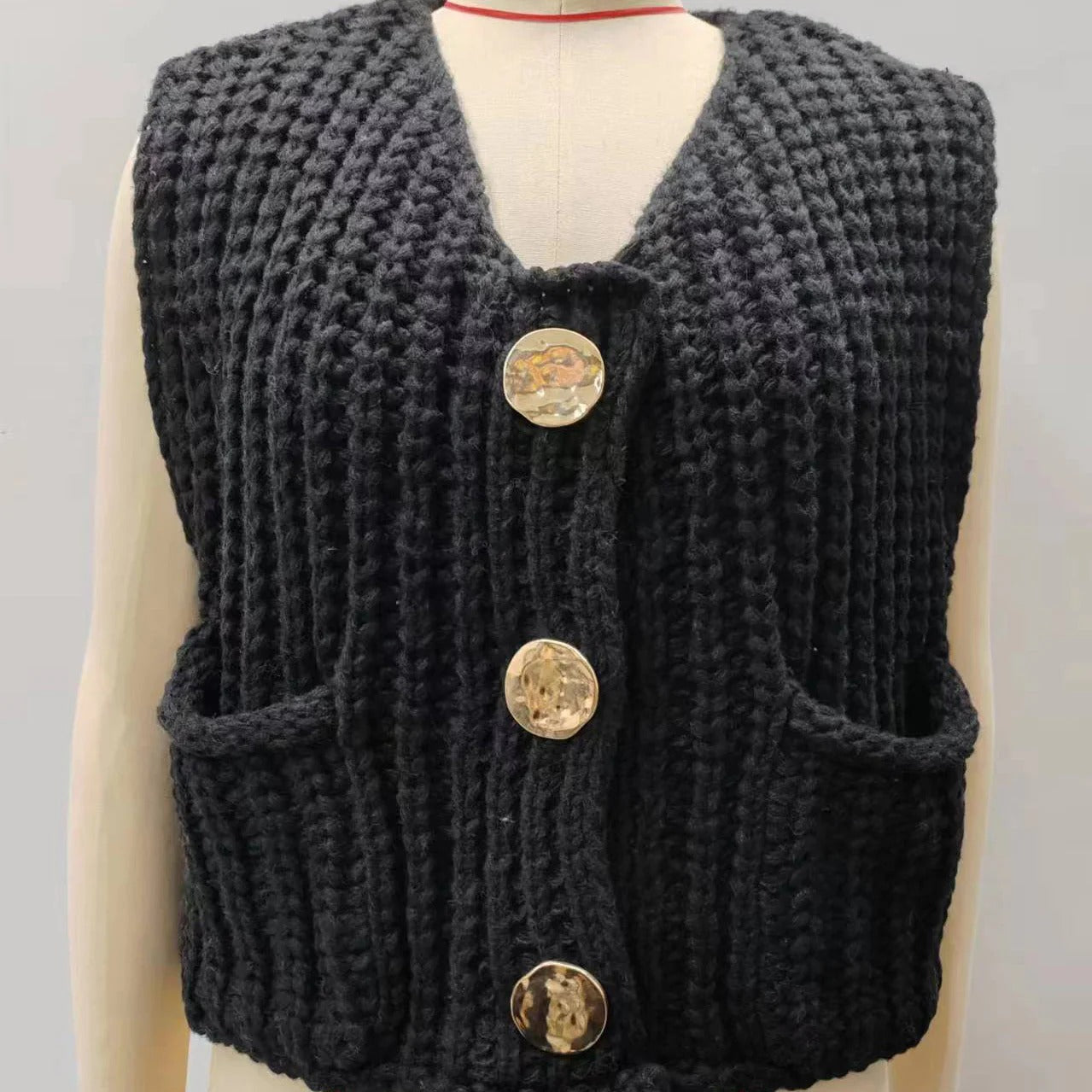 Women’s Knitted Button-Front Vest with Pockets - Casual Sleeveless Sweater Top