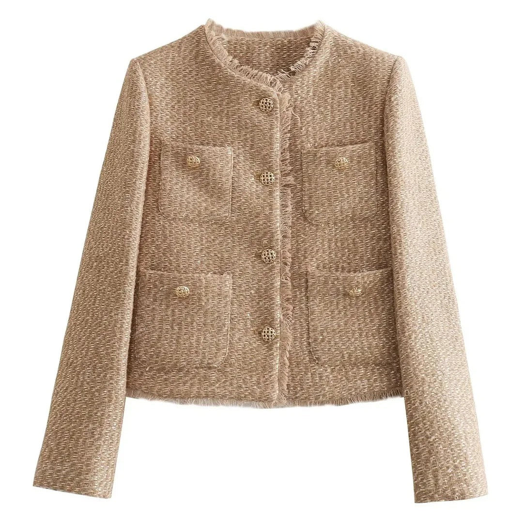 Women’s Tweed Button-Up Jacket - Elegant Short Blazer