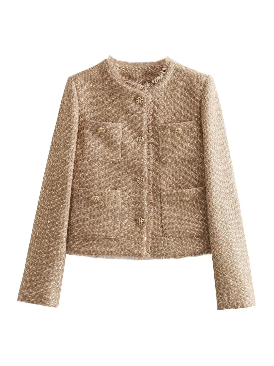 Women’s Tweed Button-Up Jacket - Elegant Short Blazer