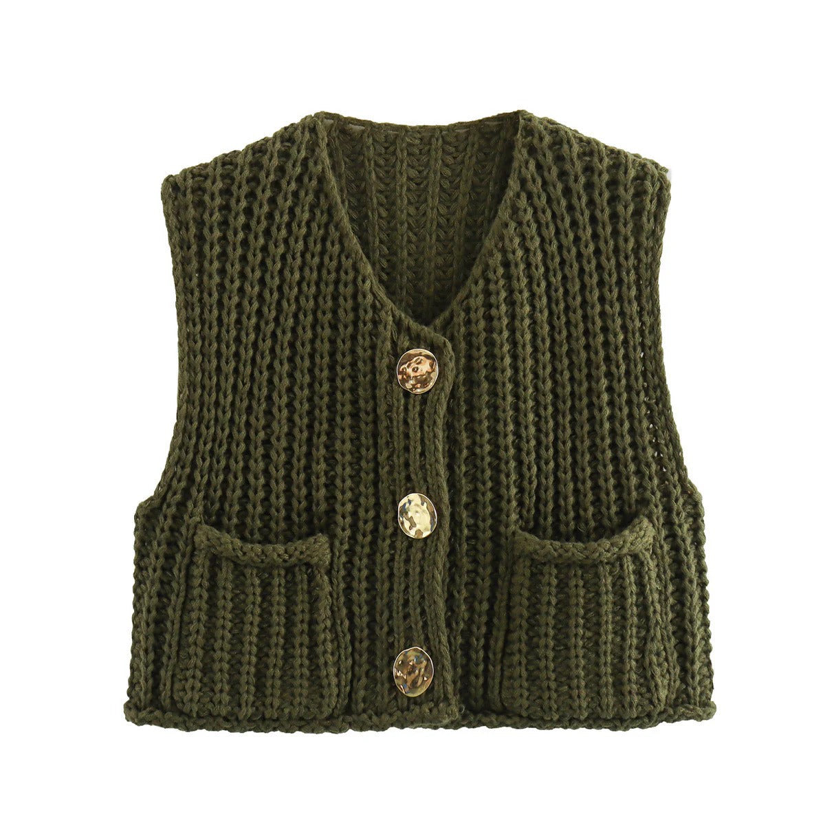 Women’s Knitted Button-Front Vest with Pockets - Casual Sleeveless Sweater Top