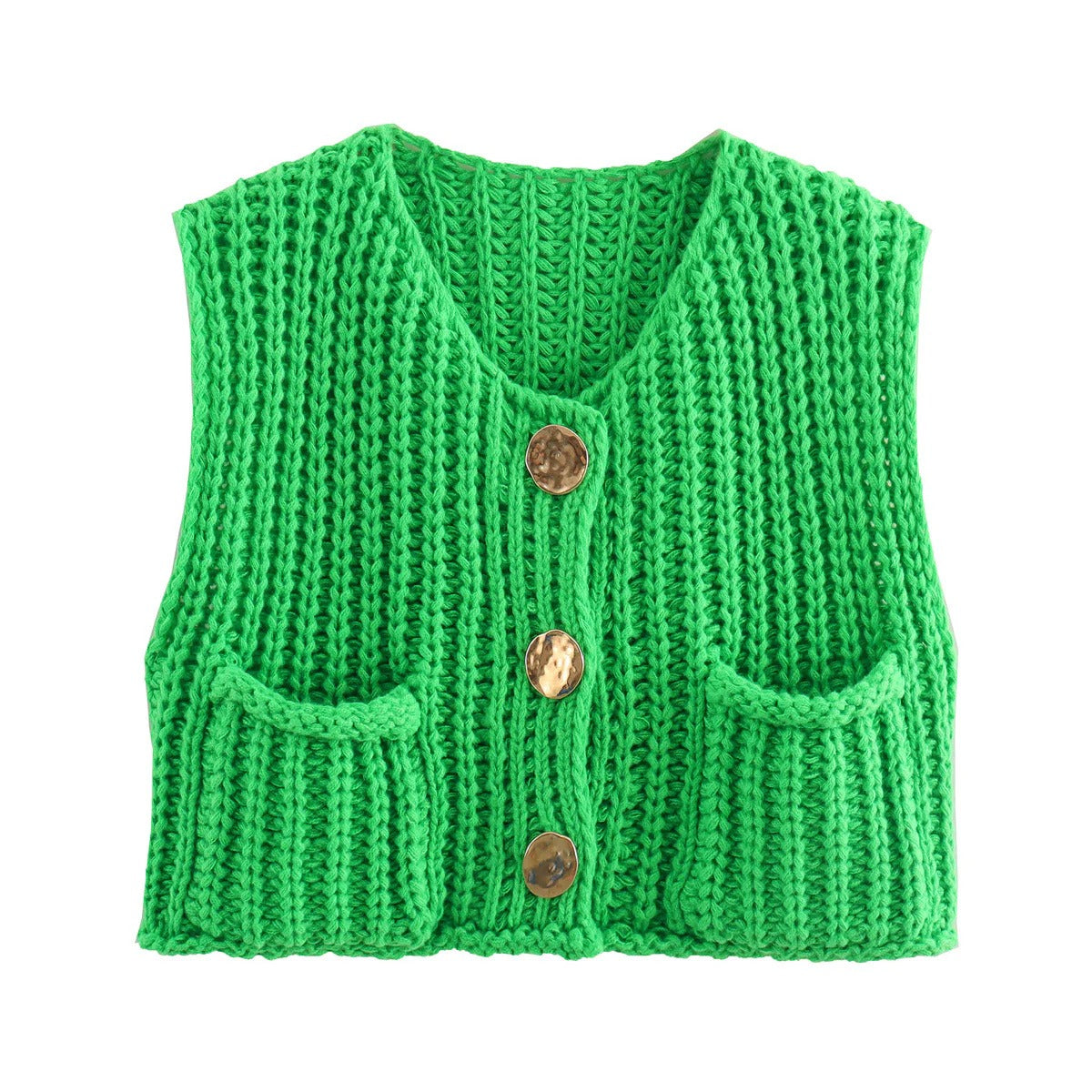 Women’s Knitted Button-Front Vest with Pockets - Casual Sleeveless Sweater Top