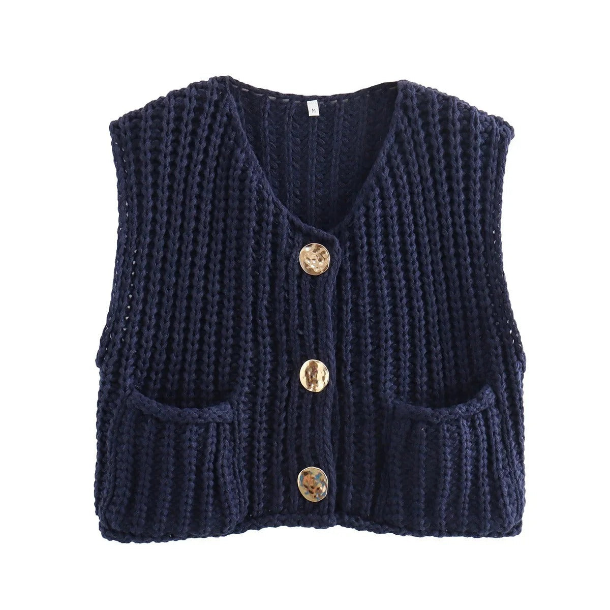Women’s Knitted Button-Front Vest with Pockets - Casual Sleeveless Sweater Top