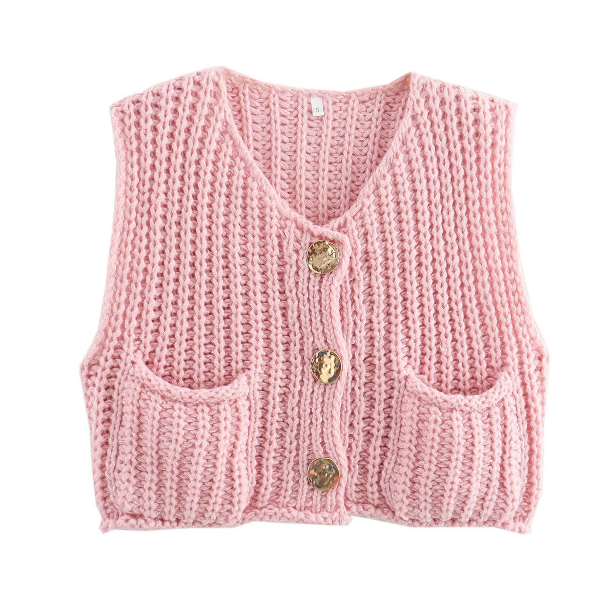 Women’s Knitted Button-Front Vest with Pockets - Casual Sleeveless Sweater Top