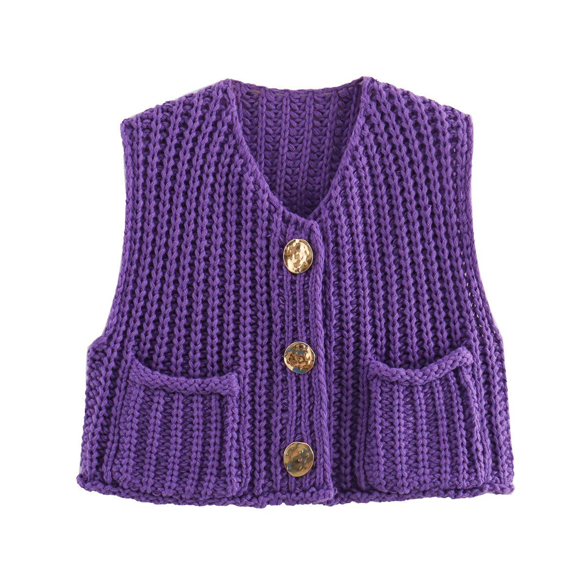 Women’s Knitted Button-Front Vest with Pockets - Casual Sleeveless Sweater Top