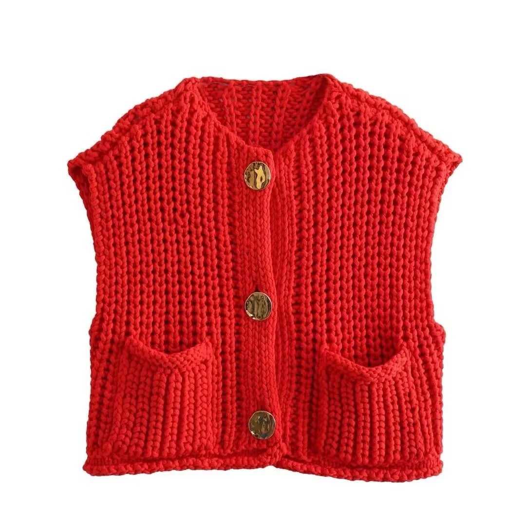 Women’s Knitted Button-Front Vest with Pockets - Casual Sleeveless Sweater Top