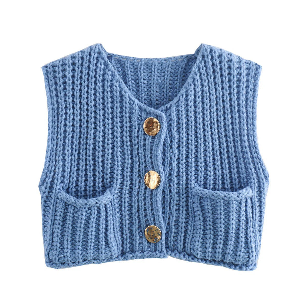 Women’s Knitted Button-Front Vest with Pockets - Casual Sleeveless Sweater Top