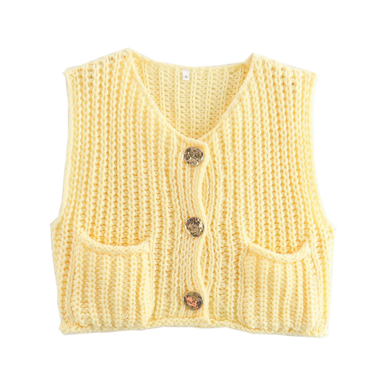 Women’s Knitted Button-Front Vest with Pockets - Casual Sleeveless Sweater Top