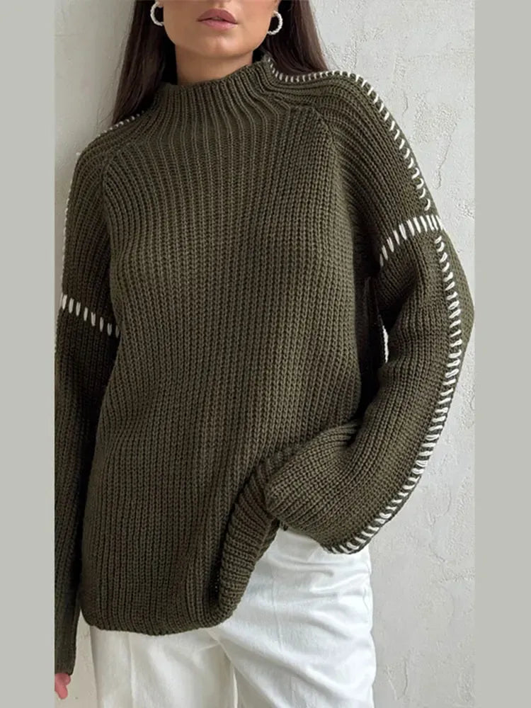 Women’s High-Neck Chunky Knit Sweater - Contrast Stitch Pullover