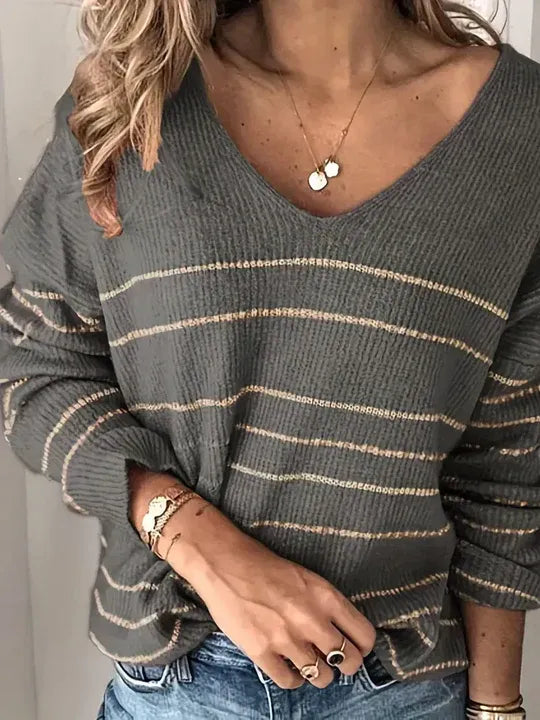 Women’s Relaxed Fit Striped V-Neck Sweater - Casual Pullover