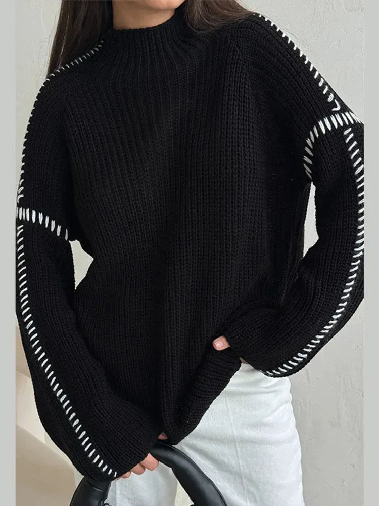Women’s High-Neck Chunky Knit Sweater - Contrast Stitch Pullover