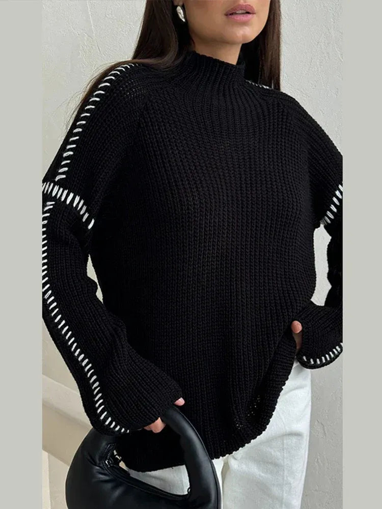 Women’s High-Neck Chunky Knit Sweater - Contrast Stitch Pullover