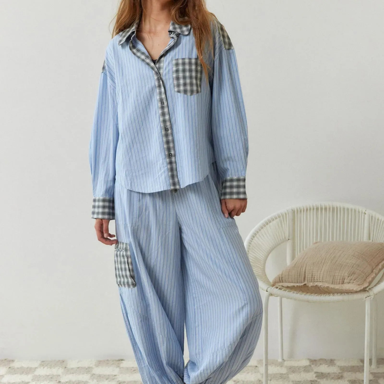 Striped Pajama Set with Plaid Accents