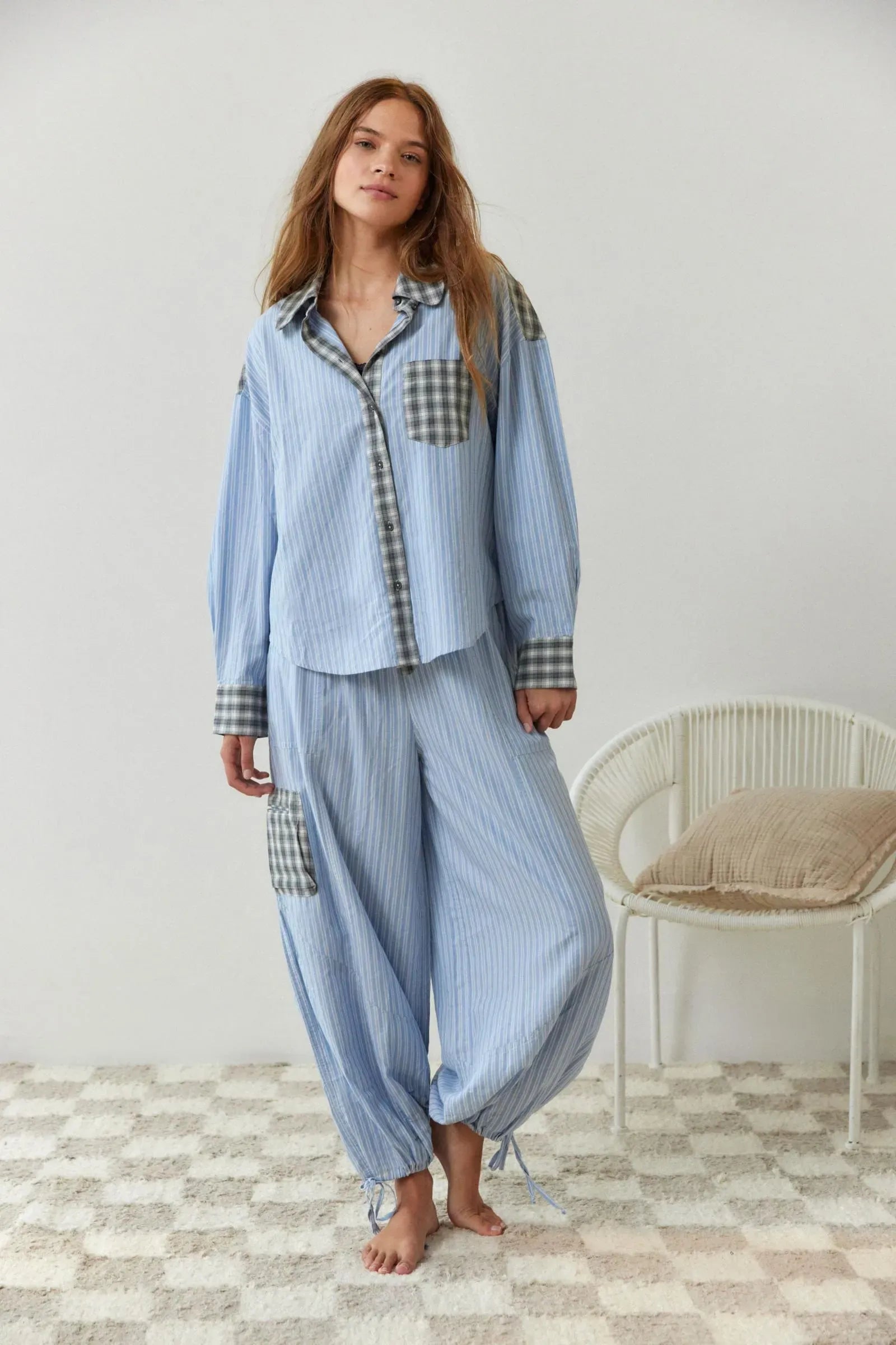 Striped Pajama Set with Plaid Accents