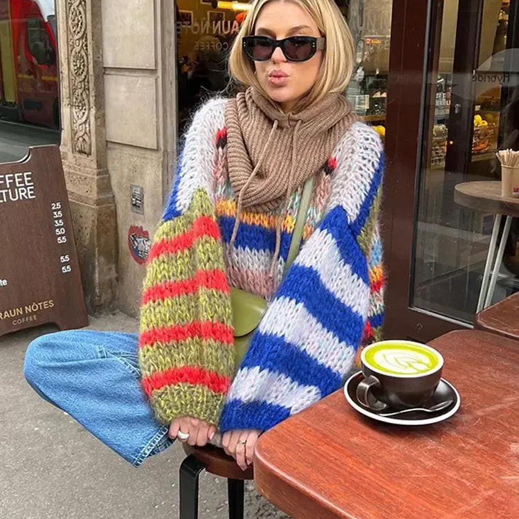 Chunky Striped Knit Sweater - Playful Statement Piece