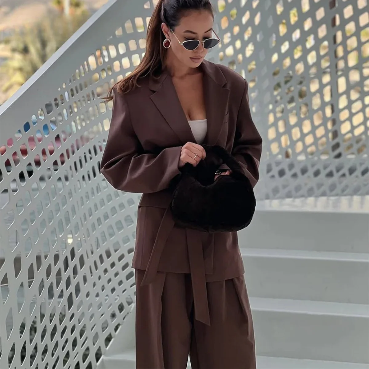 Women’s Belted Blazer & Wide-Leg Trouser Set - Tailored Two-Piece Suit